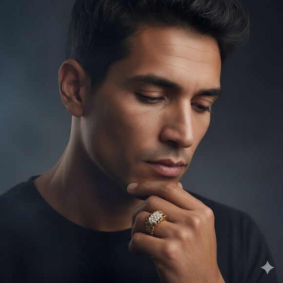 Vintage Gold Tone Nugget Ring Clear Rhinestone Pave Cluster Texture Statement - Picture 2 of 10